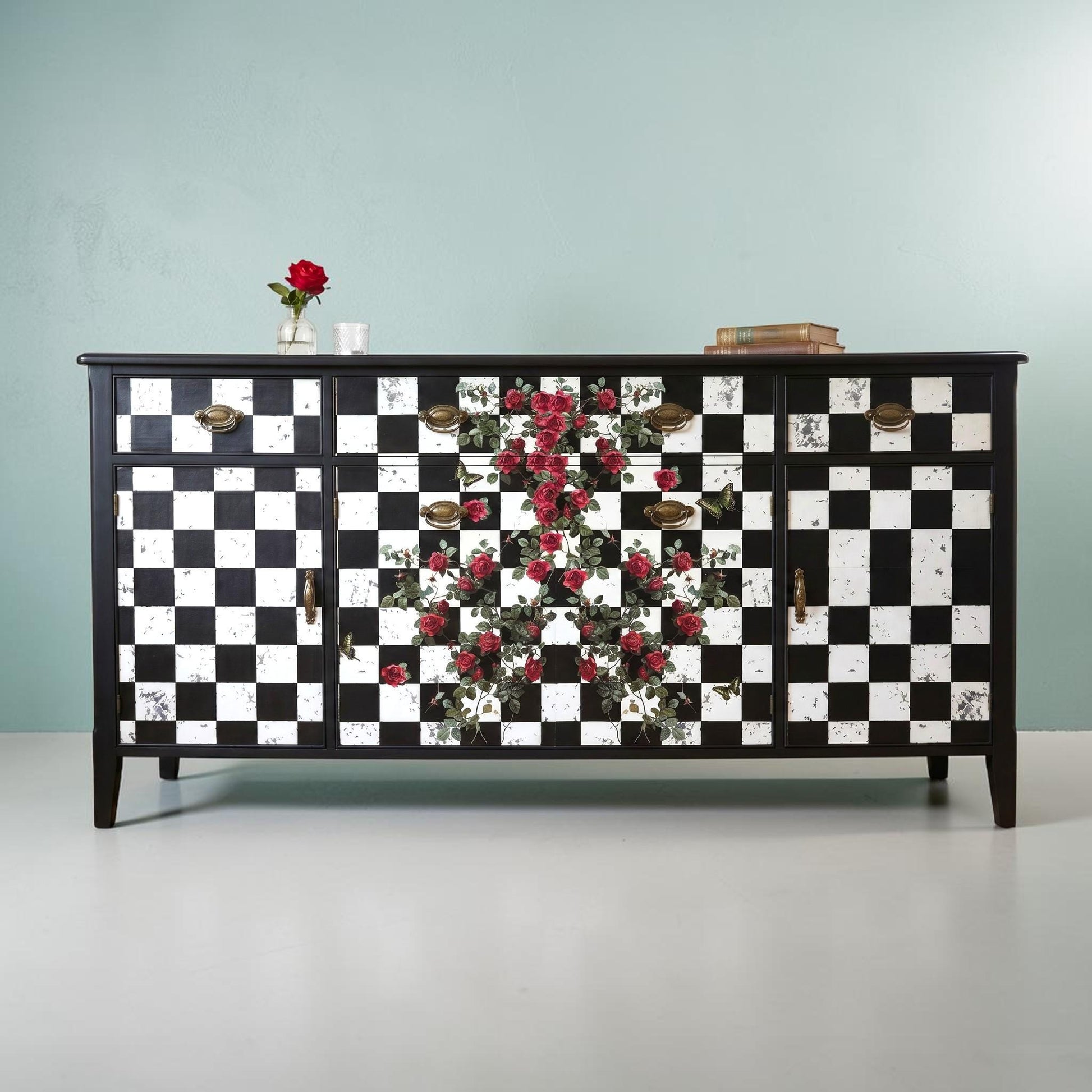 Large Decoupage Paper: Checkerboard Pattern Black and White Upcycling Tissue. Featuring a  checkerboard pattern in  black and white. Perfect for crafters, decorators, and upcycling enthusiasts, this high-quality tissue paper allows you to effortlessly elevate furniture, home decor, and craft pieces into personalized masterpieces. Whether you're redesigning vintage furniture, creating unique wall art, or embellishing glass and metal surfaces, this versatile decoupage paper is your go-to choice