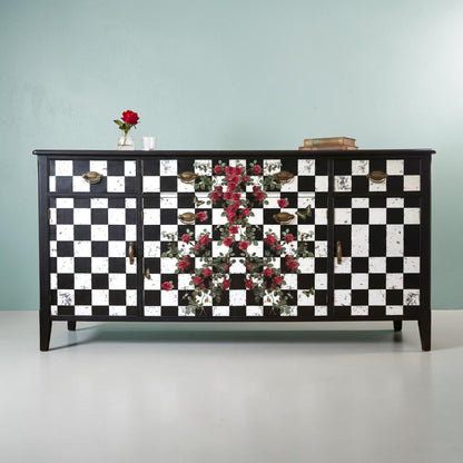 Large Decoupage Paper: Checkerboard Pattern Black and White Upcycling Tissue. Featuring a  checkerboard pattern in  black and white. Perfect for crafters, decorators, and upcycling enthusiasts, this high-quality tissue paper allows you to effortlessly elevate furniture, home decor, and craft pieces into personalized masterpieces. Whether you're redesigning vintage furniture, creating unique wall art, or embellishing glass and metal surfaces, this versatile decoupage paper is your go-to choice