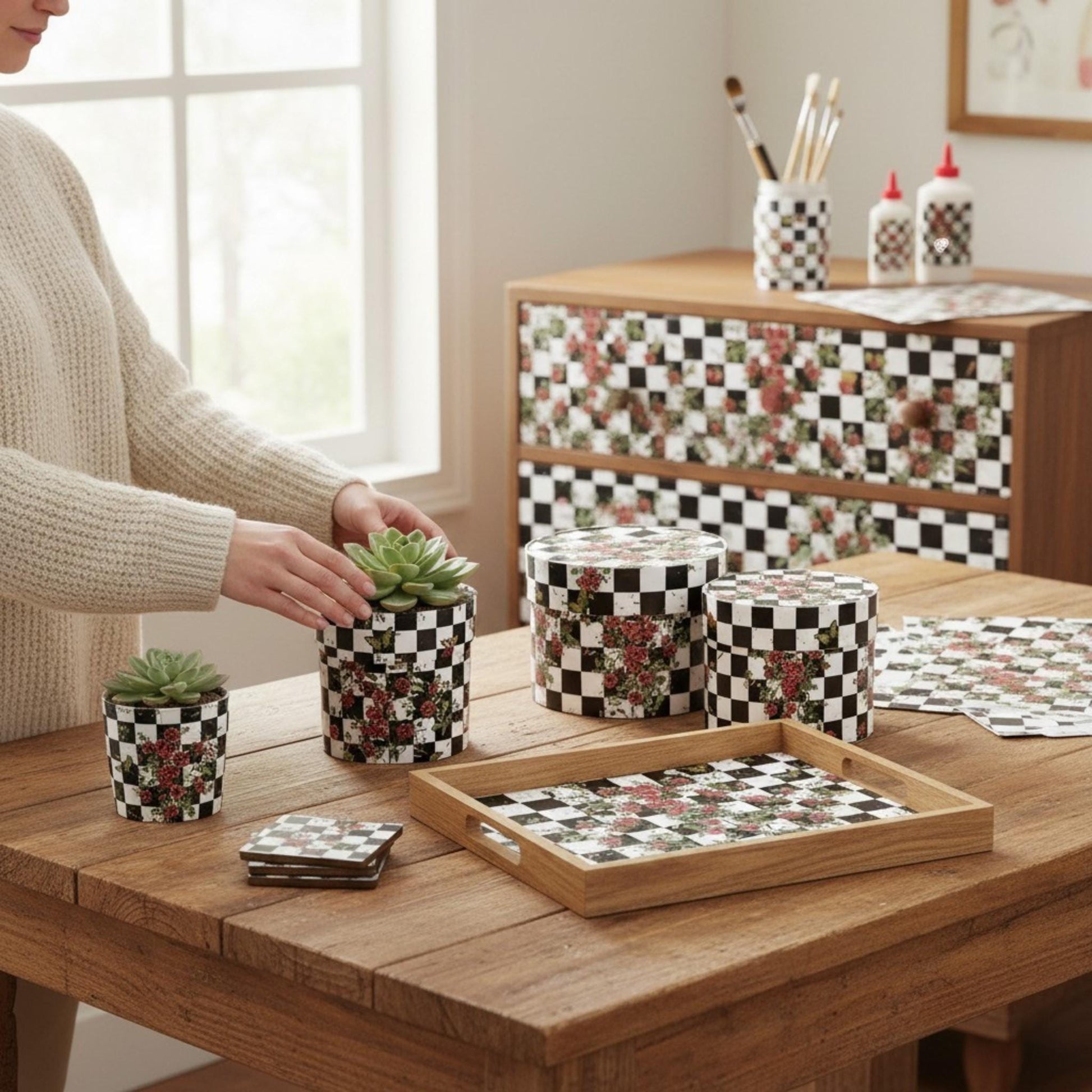 Large Decoupage Paper: Checkerboard Pattern Black and White Upcycling Tissue. Featuring a  checkerboard pattern in  black and white. Perfect for crafters, decorators, and upcycling enthusiasts, this high-quality tissue paper allows you to effortlessly elevate furniture, home decor, and craft pieces into personalized masterpieces. Whether you're redesigning vintage furniture, creating unique wall art, or embellishing glass and metal surfaces, this versatile decoupage paper is your go-to choice