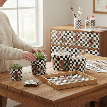 Large Decoupage Paper: Checkerboard Pattern Black and White Upcycling Tissue. Featuring a  checkerboard pattern in  black and white. Perfect for crafters, decorators, and upcycling enthusiasts, this high-quality tissue paper allows you to effortlessly elevate furniture, home decor, and craft pieces into personalized masterpieces. Whether you're redesigning vintage furniture, creating unique wall art, or embellishing glass and metal surfaces, this versatile decoupage paper is your go-to choice