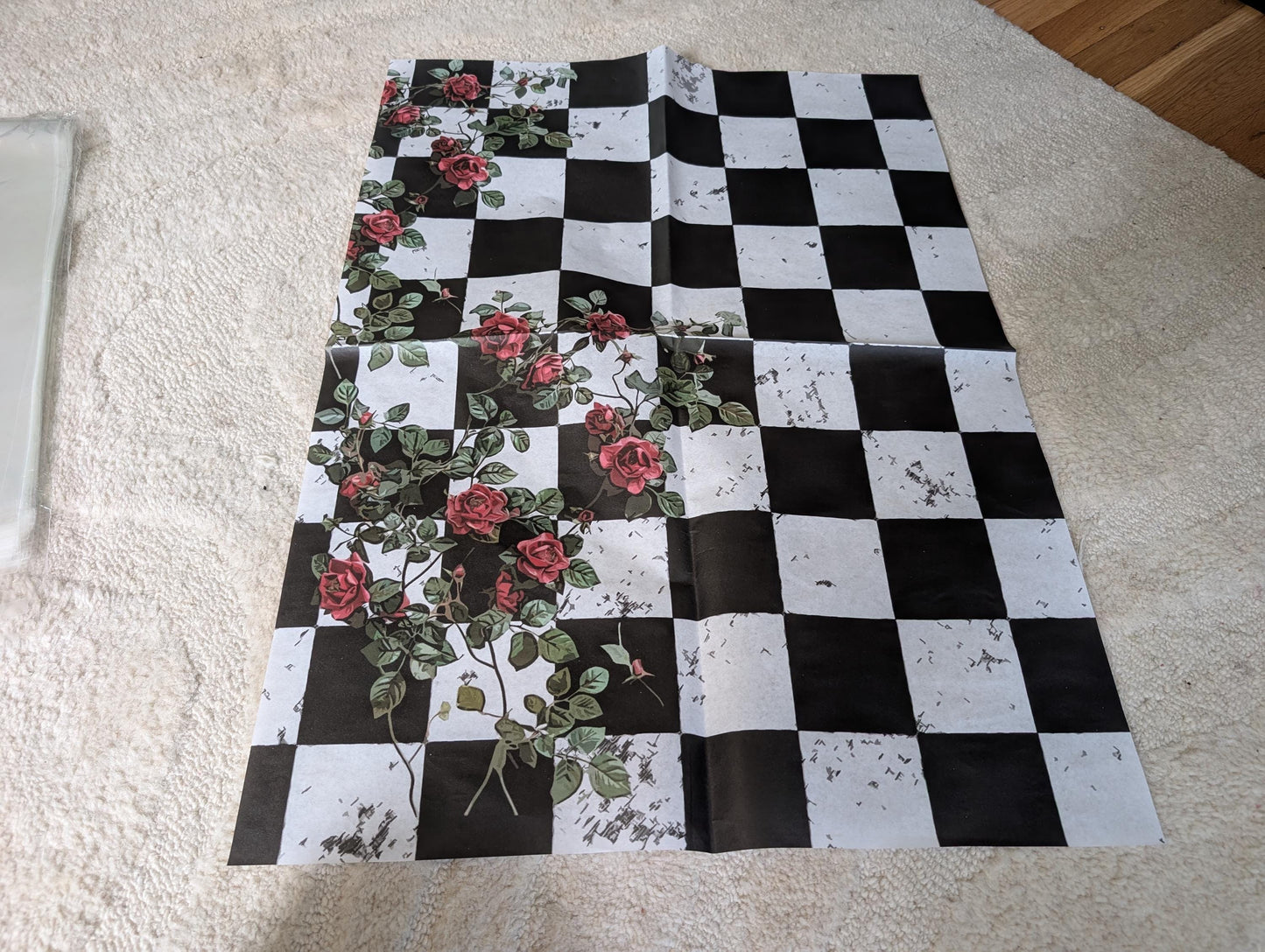 Large Decoupage Paper: Red Roses Left side, Checkerboard Pattern Black and White Upcycling Tissue