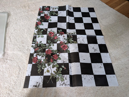 Large Decoupage Paper: Red Roses Left side, Checkerboard Pattern Black and White Upcycling Tissue