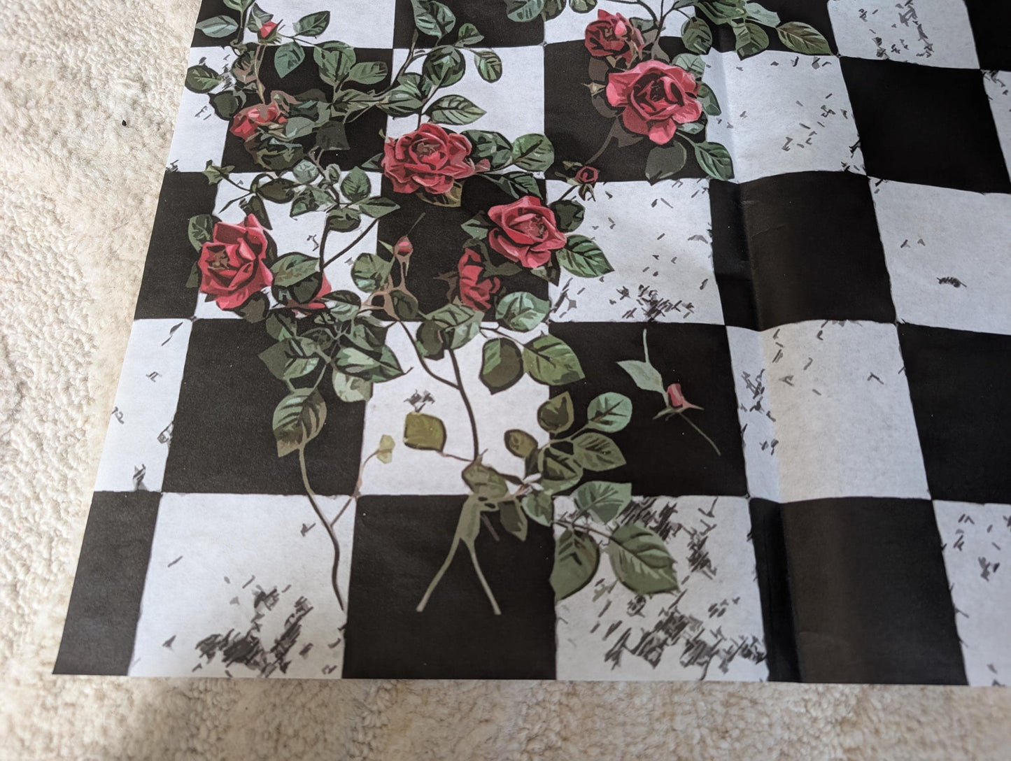 Large Decoupage Paper: Red Roses Left side, Checkerboard Pattern Black and White Upcycling Tissue