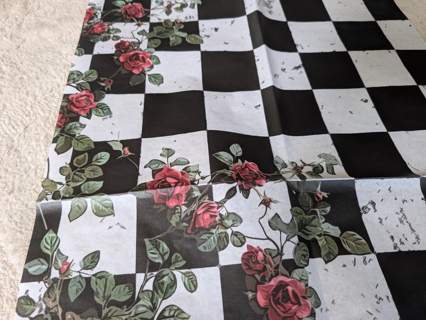 Large Decoupage Paper: Red Roses Left side, Checkerboard Pattern Black and White Upcycling Tissue