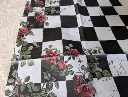 Large Decoupage Paper: Red Roses Left side, Checkerboard Pattern Black and White Upcycling Tissue