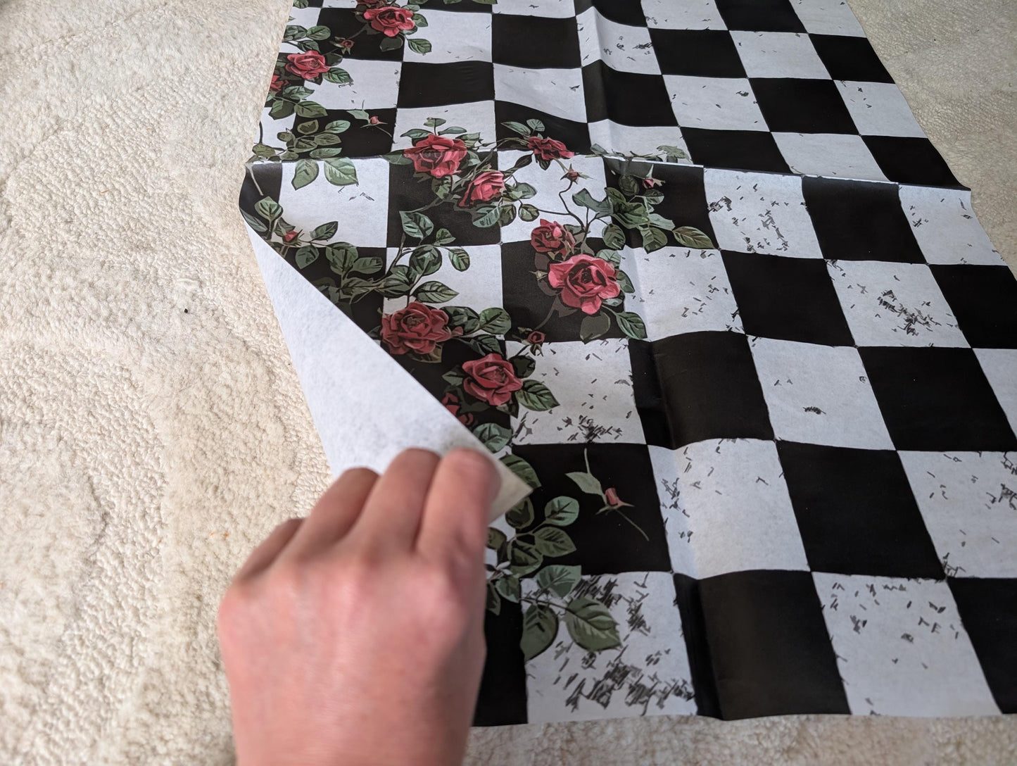 Large Decoupage Paper: Red Roses Left side, Checkerboard Pattern Black and White Upcycling Tissue