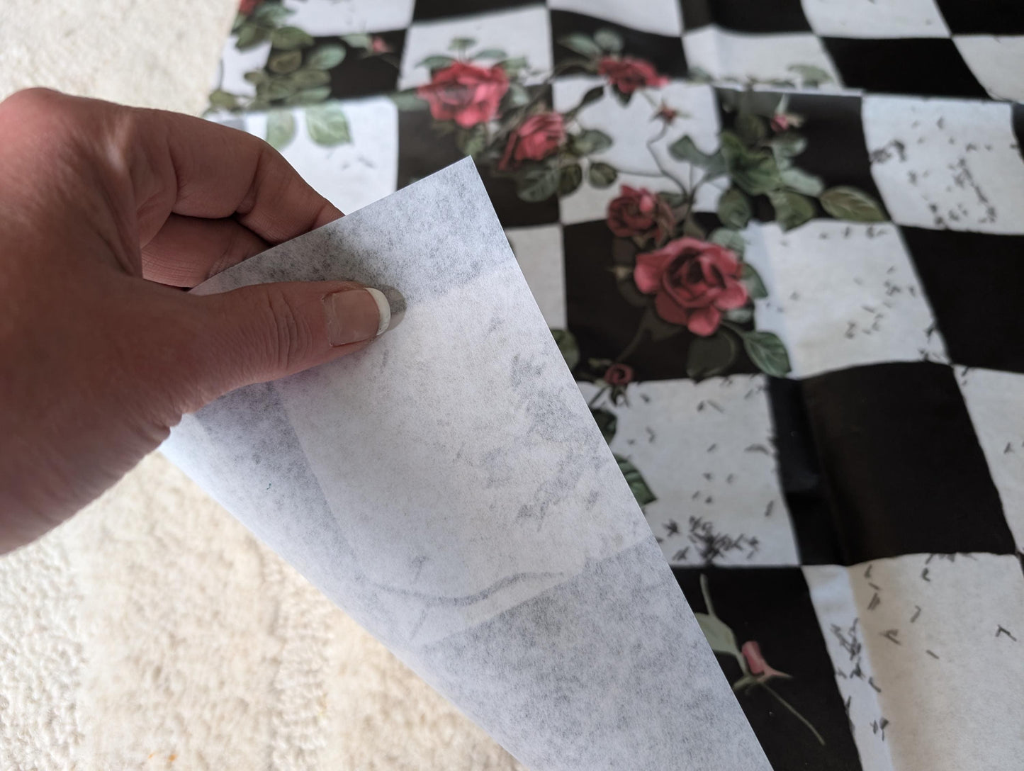 Large Decoupage Paper: Red Roses Left side, Checkerboard Pattern Black and White Upcycling Tissue