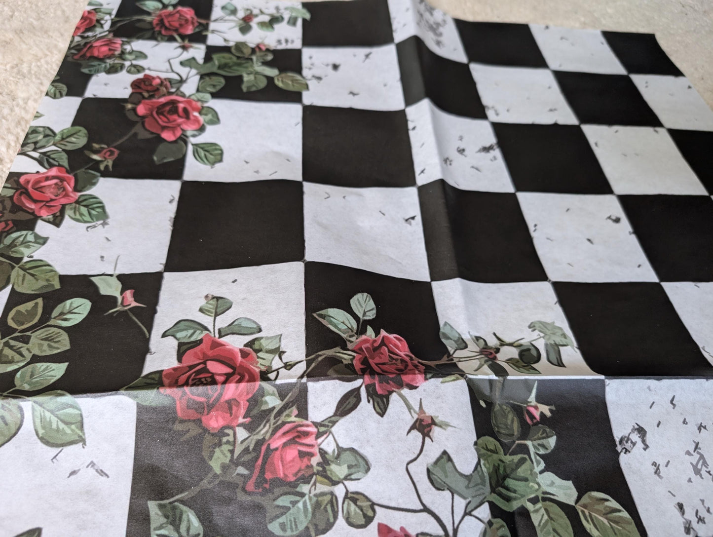 Large Decoupage Paper: Red Roses Left side, Checkerboard Pattern Black and White Upcycling Tissue