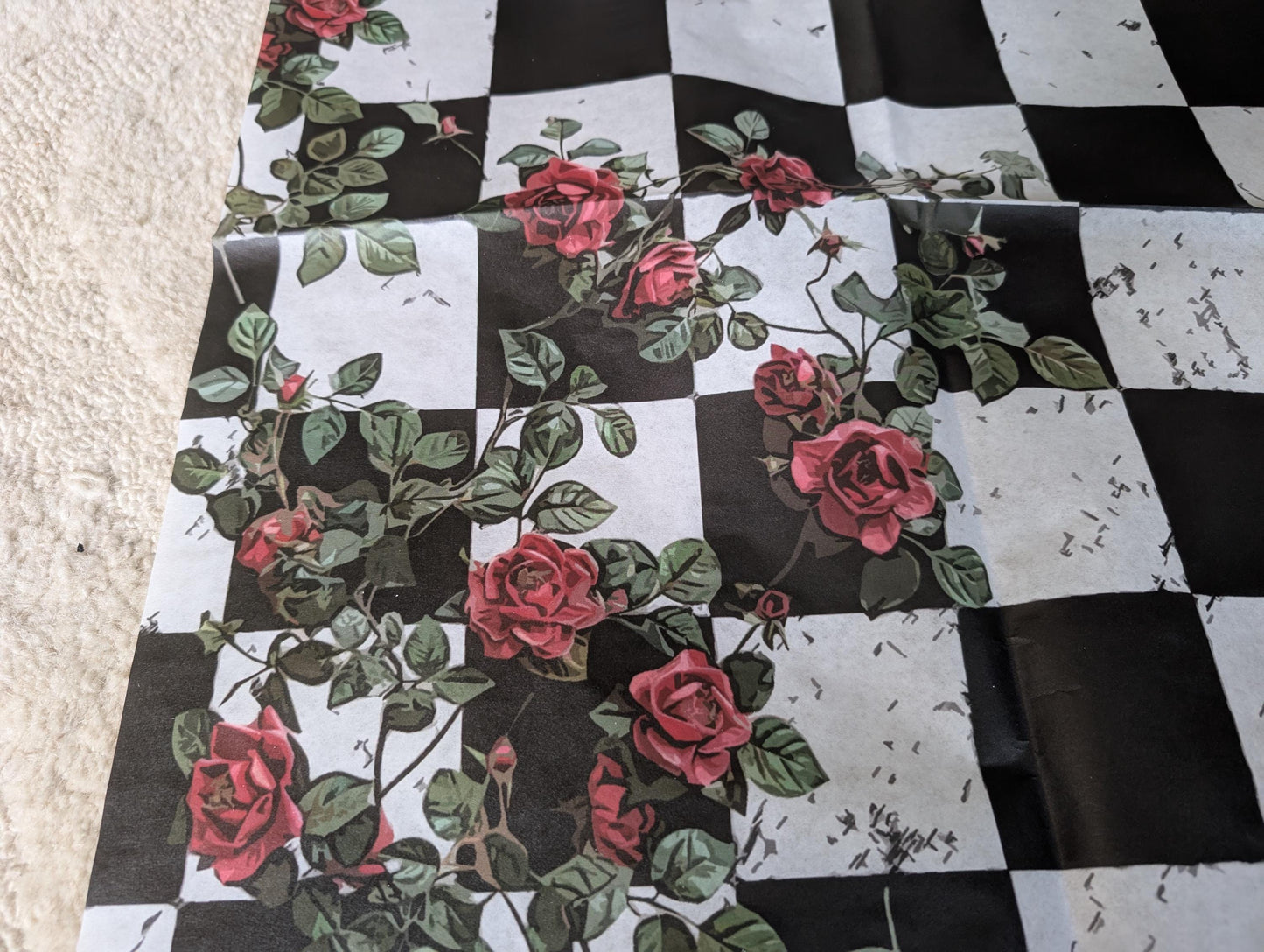 Large Decoupage Paper: Red Roses Left side, Checkerboard Pattern Black and White Upcycling Tissue