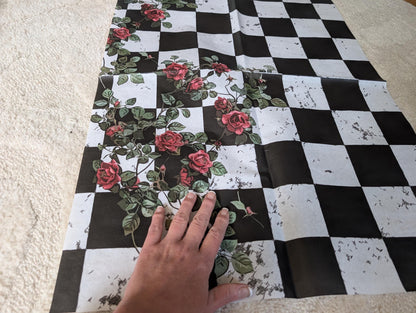 Large Decoupage Paper: Red Roses Left side, Checkerboard Pattern Black and White Upcycling Tissue