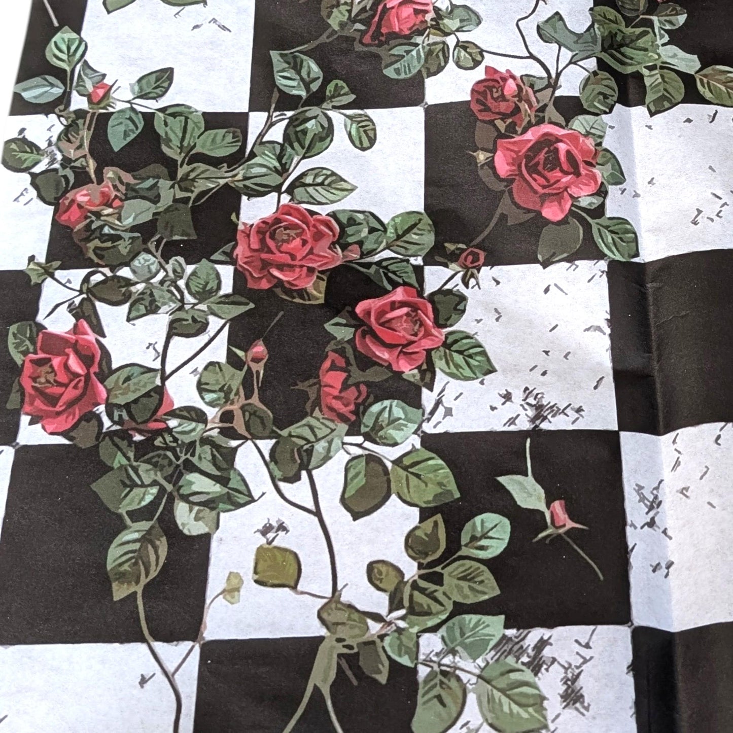 Large Decoupage Paper: Red Roses Left side, Checkerboard Pattern Black and White Upcycling Tissue