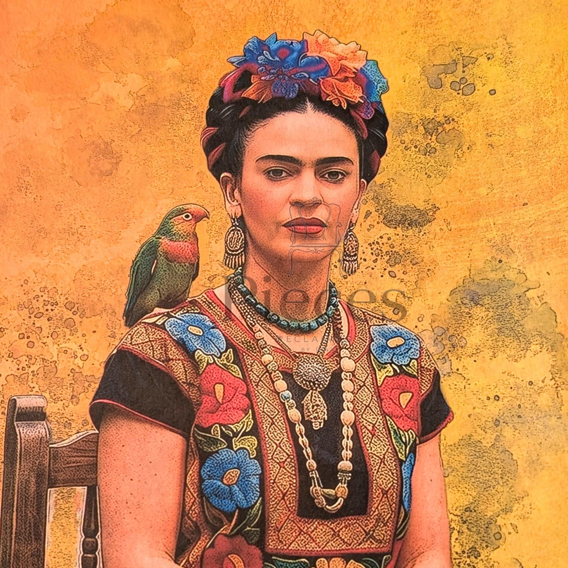 Frida Kahlo Decoupage Paper | Mexican Folk Art Tissue Paper for Crafts, Home Decor, and  Wall Art. Bring vibrant Mexican folk art into your creative projects with this stunning Frida Kahlo Decoupage Paper. Designed as a high-quality tissue paper, this 8.5 by 11-inch sheet features a captivating depiction of the iconic artist, perfect for adding a touch of retro elegance and modern flair to your home decor, crafts, and DIY masterpieces. Mexican folk wall art. Frida print. Frida Kahlo wall art