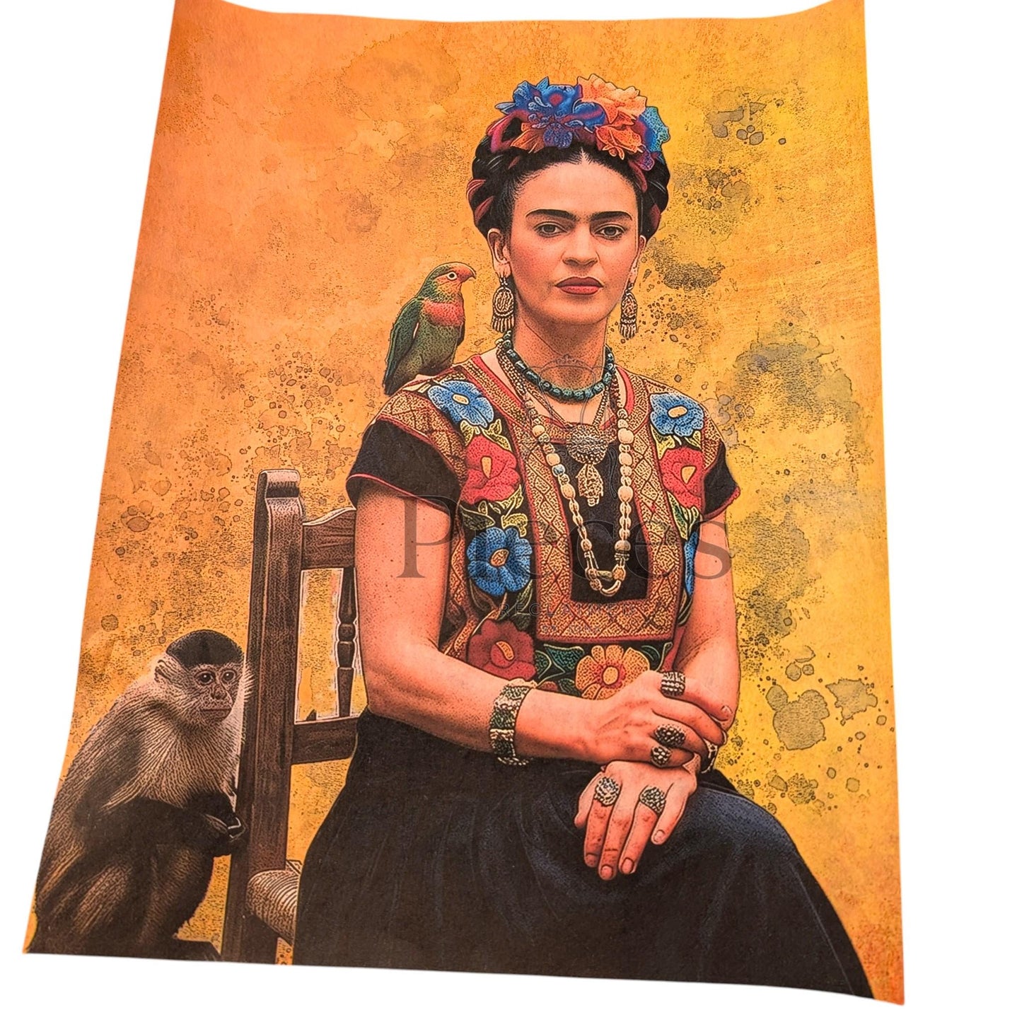 Frida Kahlo Decoupage Paper | Mexican Folk Art Tissue Paper for Crafts, Home Decor, and  Wall Art. Bring vibrant Mexican folk art into your creative projects with this stunning Frida Kahlo Decoupage Paper. Designed as a high-quality tissue paper, this 8.5 by 11-inch sheet features a captivating depiction of the iconic artist, perfect for adding a touch of retro elegance and modern flair to your home decor, crafts, and DIY masterpieces. Mexican folk wall art. Frida print. Frida Kahlo wall art
