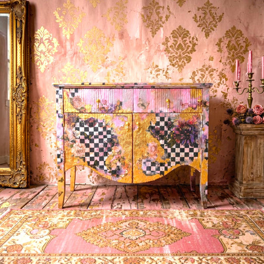 Add a touch of romantic charm  with our Upcycled Floral Pink Sideboard, a stunning example of shabby chic painted furniture and boho decor. This unique vintage storage cabinet is carefully handcrafted, blending artistic upcycling techniques with a love for vintage aesthetics to create a truly one-of-a-kind piece. Perfect as a statement console table or a charming bedroom or living room sideboard, it offers both beauty and practicality. Each sideboard is made to order,  no two pieces are alike