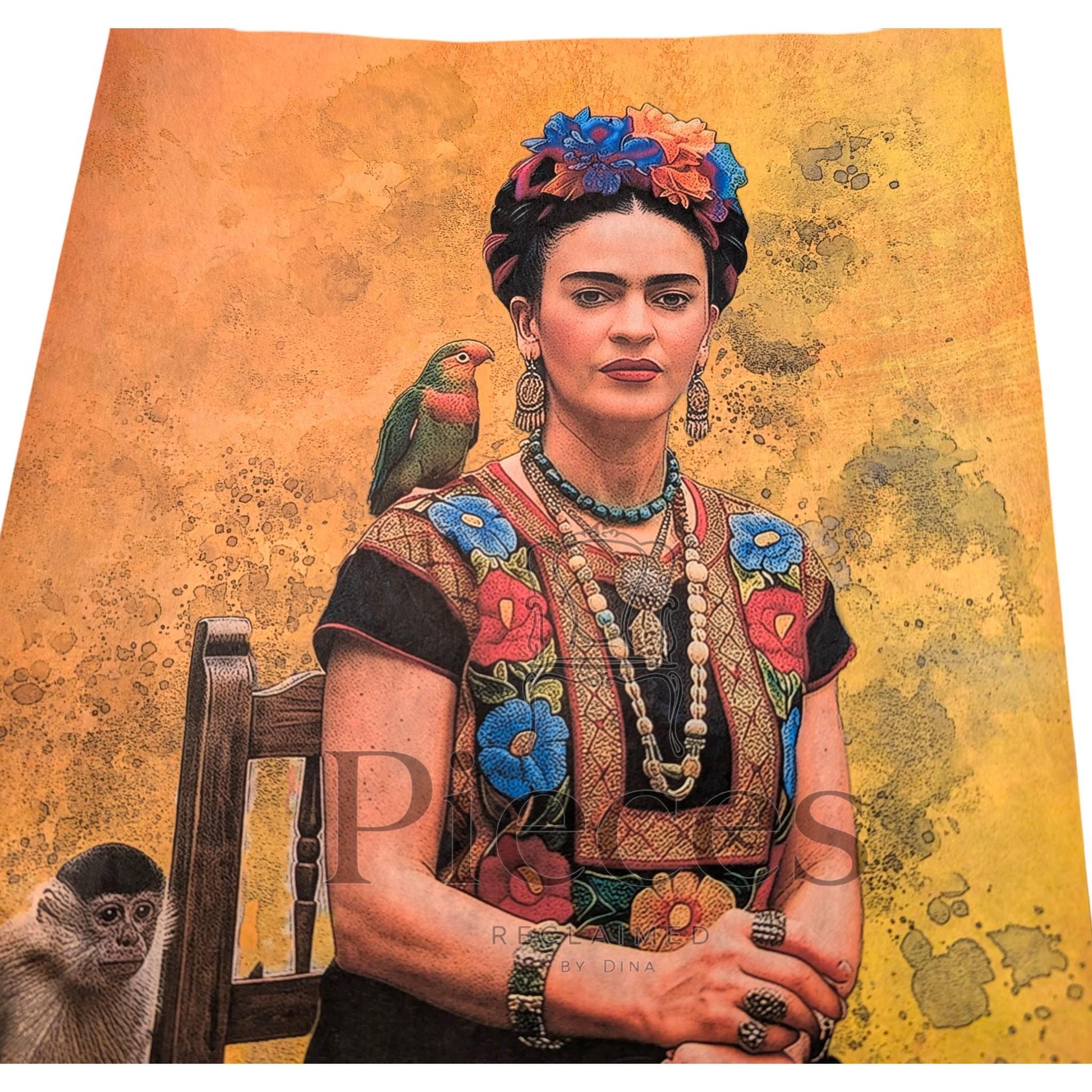 Frida Kahlo Decoupage Paper | Mexican Folk Art Tissue Paper for Crafts, Home Decor, and  Wall Art. Bring vibrant Mexican folk art into your creative projects with this stunning Frida Kahlo Decoupage Paper. Designed as a high-quality tissue paper, this 8.5 by 11-inch sheet features a captivating depiction of the iconic artist, perfect for adding a touch of retro elegance and modern flair to your home decor, crafts, and DIY masterpieces. Mexican folk wall art. Frida print. Frida Kahlo wall art