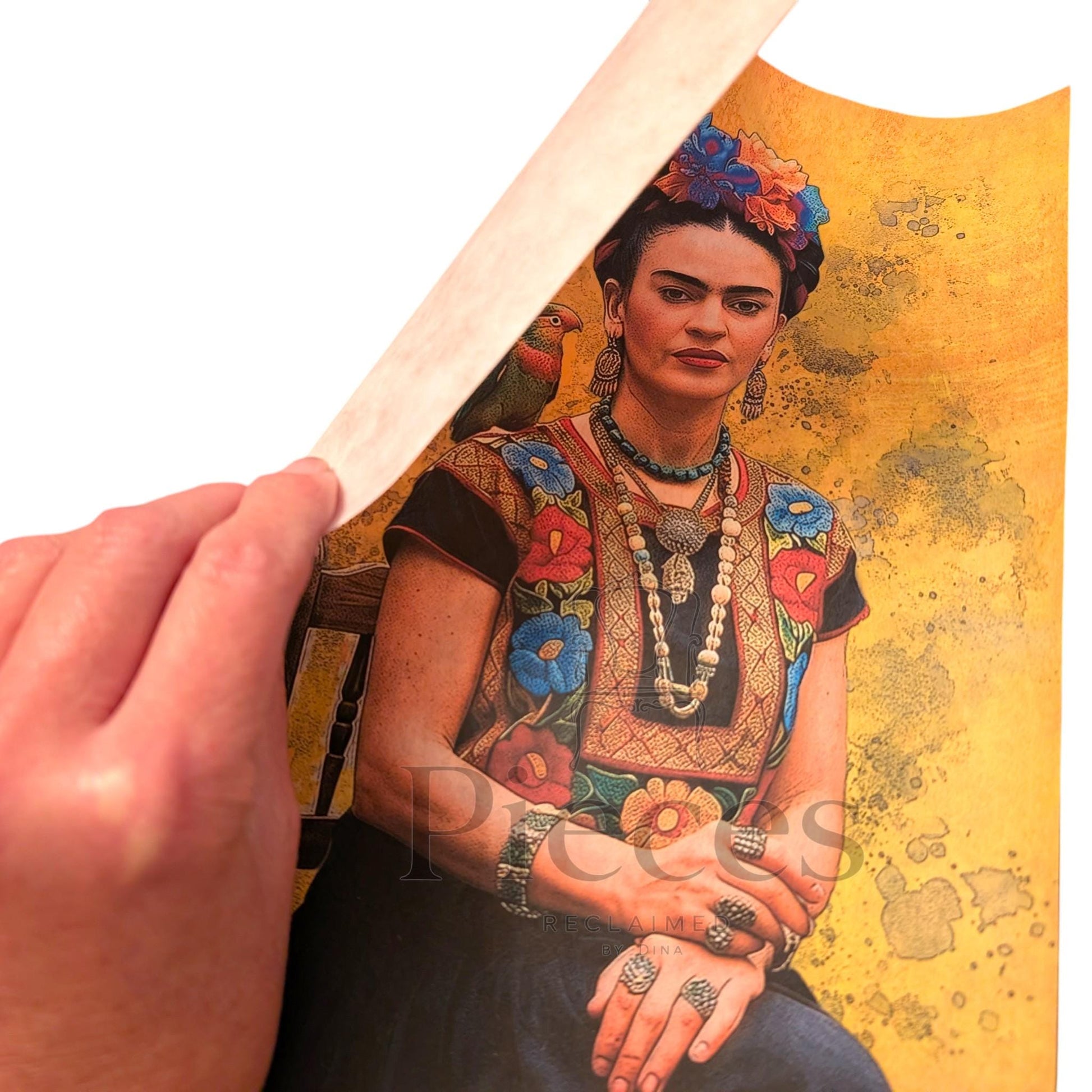 Frida Kahlo Decoupage Paper | Mexican Folk Art Tissue Paper for Crafts, Home Decor, and  Wall Art. Bring vibrant Mexican folk art into your creative projects with this stunning Frida Kahlo Decoupage Paper. Designed as a high-quality tissue paper, this 8.5 by 11-inch sheet features a captivating depiction of the iconic artist, perfect for adding a touch of retro elegance and modern flair to your home decor, crafts, and DIY masterpieces. Mexican folk wall art. Frida print. Frida Kahlo wall art