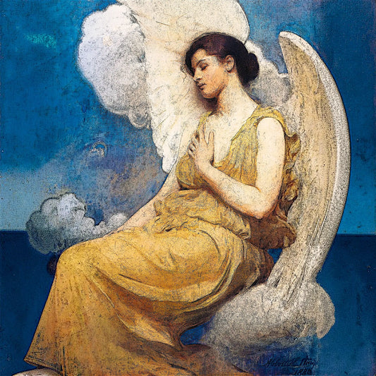 A classical painting of a seated angel with large white wings, draped in flowing golden-yellow robes against a deep blue background. The face area is obscured by a rectangular blur/block, but the artwork itself is clearly visible and fills the frame.