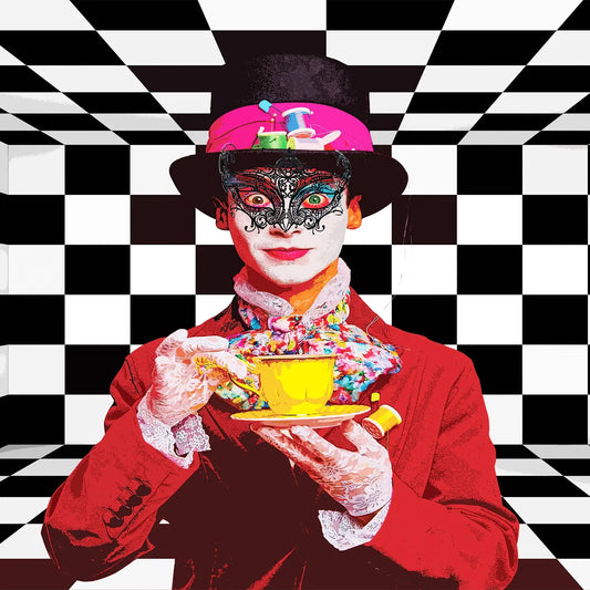 A stylized pop-art portrait of a performer in a red suit and top hat holding a yellow teacup, set against a black-and-white checkered background.