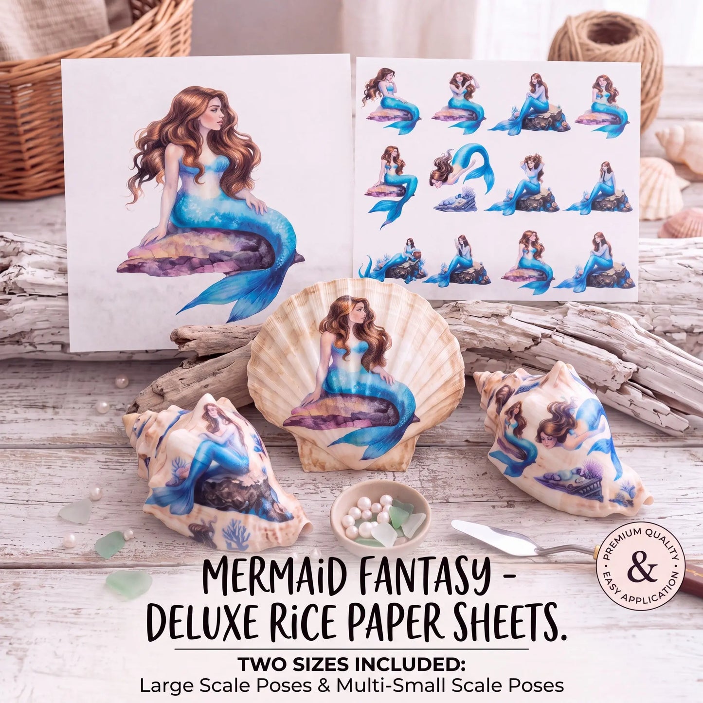 Mermaid fantasy rice paper sheets displayed with sample cutouts and a printed sheet on a rustic wooden surface. The sheets feature illustrated mermaids in blue and teal tones, shown both as single large pieces and a multi-size pose sheet.