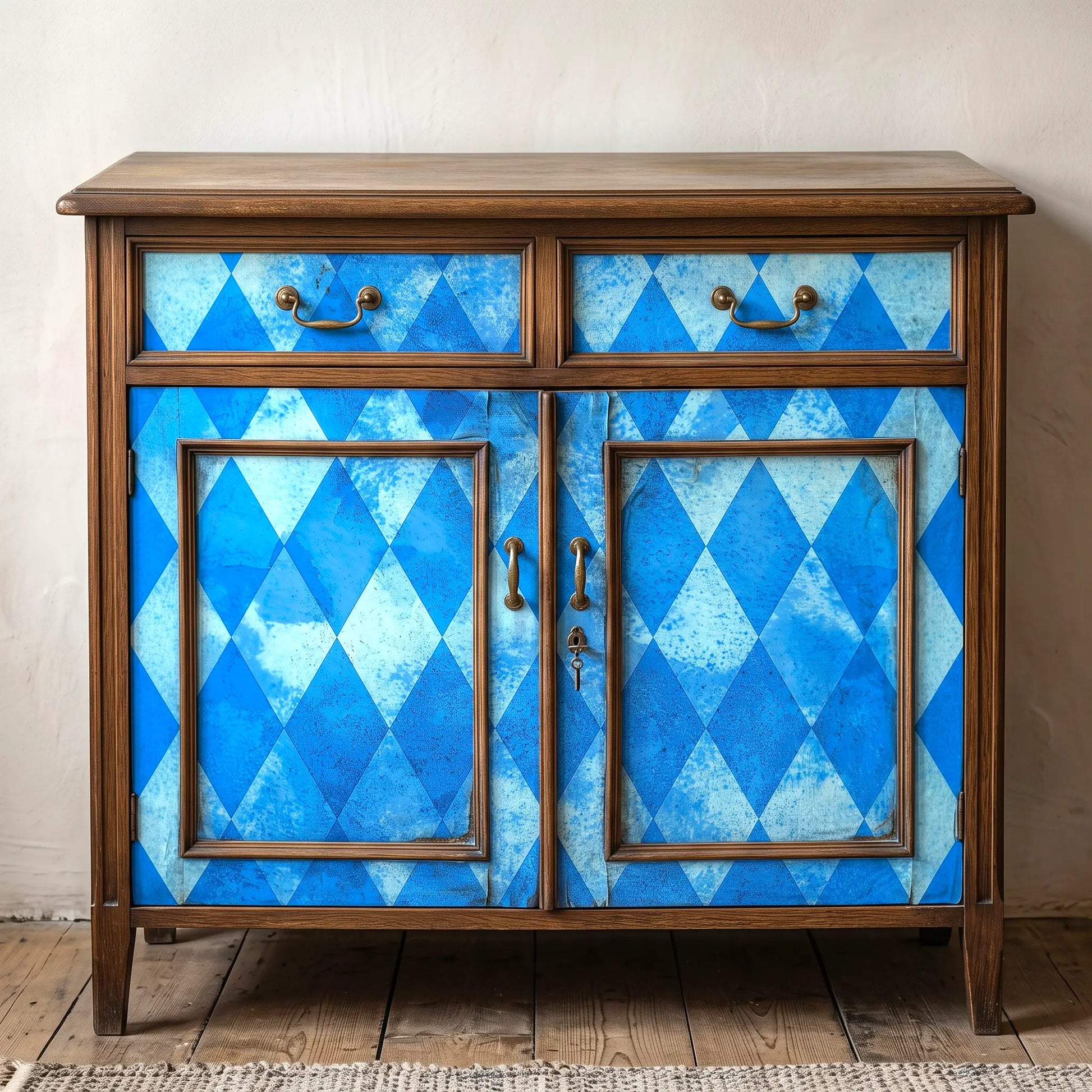 A rustic wooden side table decoupaged with a blue harlequin diamond pattern on the front, featuring two drawers on top and two doors below, set against a neutral beige wall and wooden floor.
