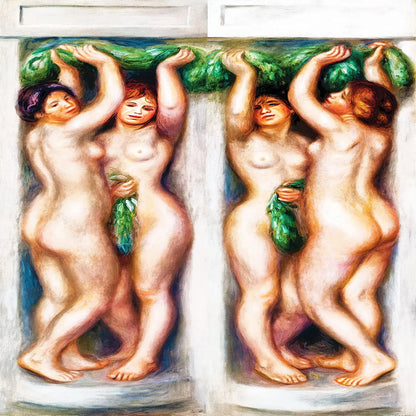 A classical-style painting showing four nude female figures standing together and lifting a green leafy garland overhead, rendered in soft pastel-like tones with pale skin and green foliage against a light background.