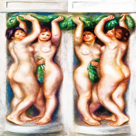 A classical-style painting showing four nude female figures standing together and lifting a green leafy garland overhead, rendered in soft pastel-like tones with pale skin and green foliage against a light background.