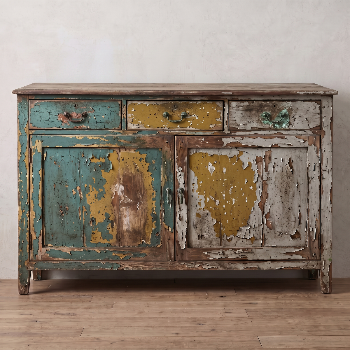 A rustic distressed wooden sideboard or buffet table with peeling paint in teal, mustard yellow, and weathered brown, set against a neutral wall and light wood floor.