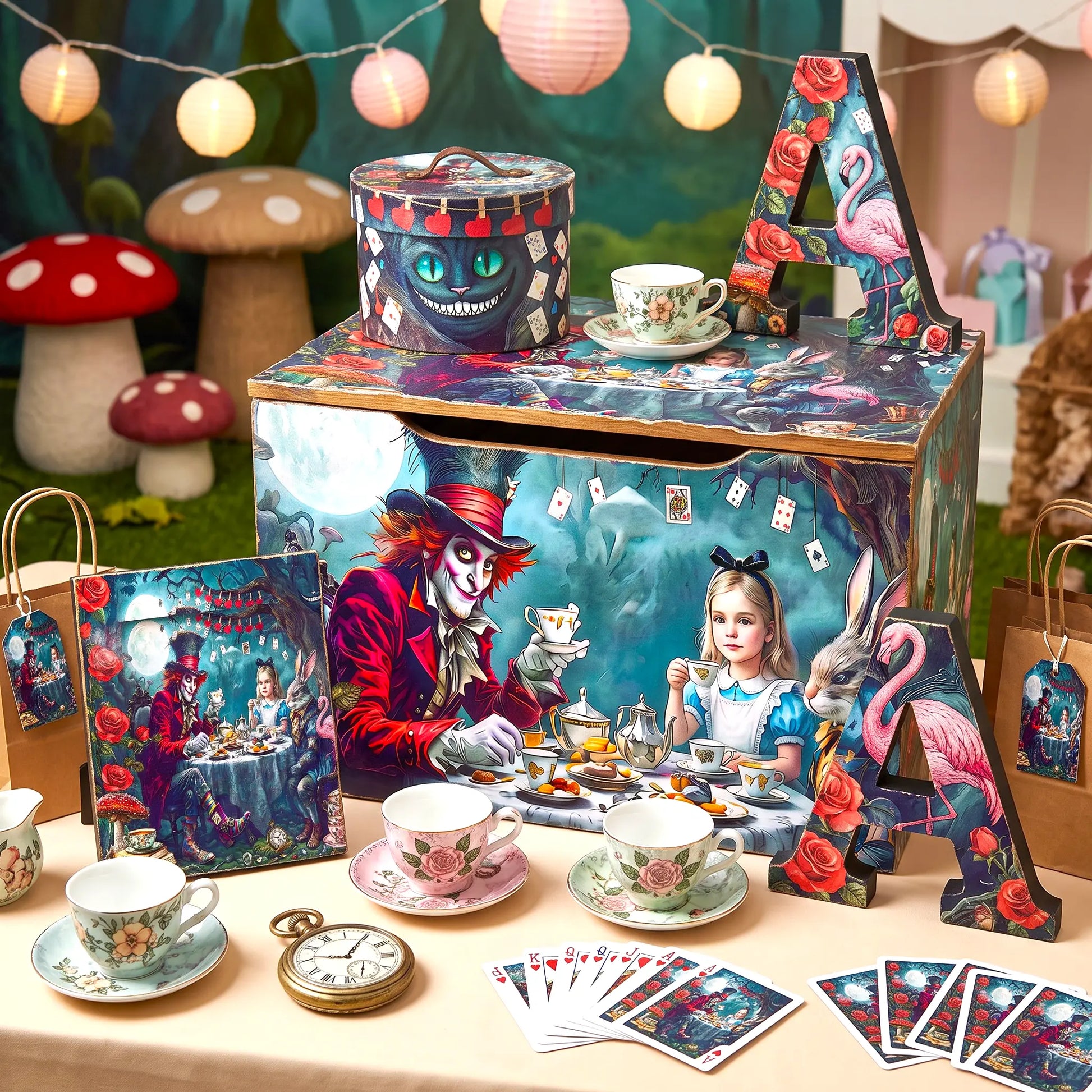 A themed Alice in Wonderland party display created with Alice in wonderland decoupage paper. The image is featuring a large illustrated storage box, matching tea-time gift bag, decorative letter A, card deck, teacups, pocket watch, lanterns, mushrooms, and paper bags arranged on a table.