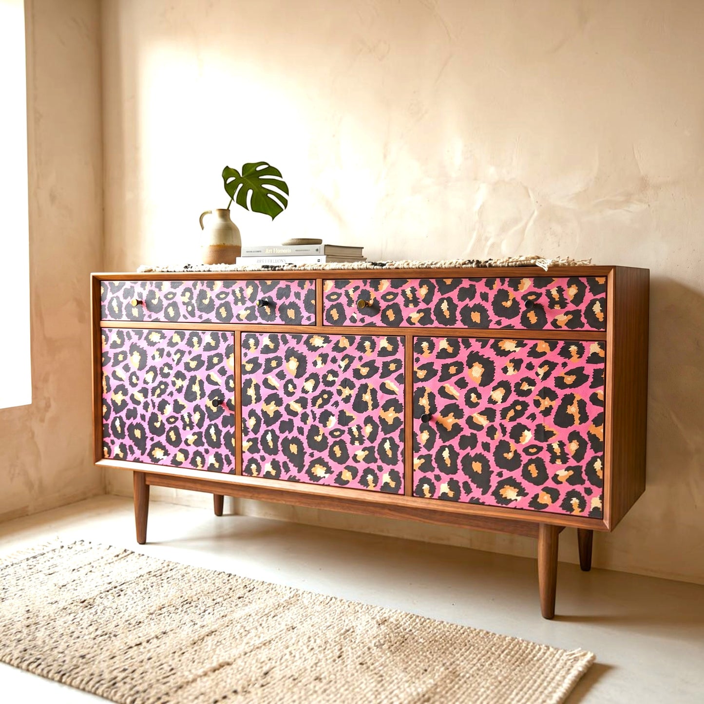 Pieces Reclaimed pink leopard print decoupage paper applied to a mid-century modern wooden sideboard cabinet