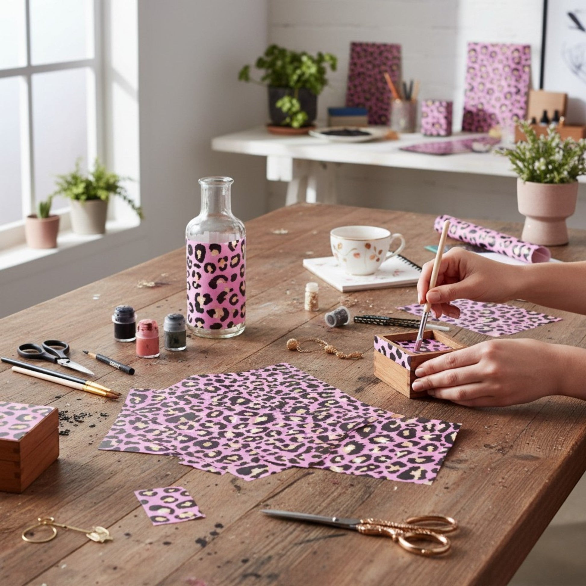 Pieces Reclaimed pink leopard print decoupage tissue paper being applied to a wooden box on a rustic craft table.