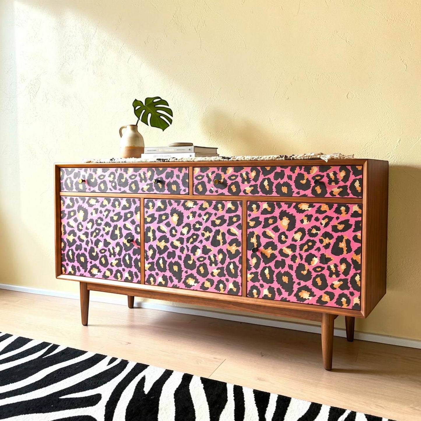 Pieces Reclaimed mid-century modern sideboard upcycled with vibrant pink leopard print decoupage tissue paper