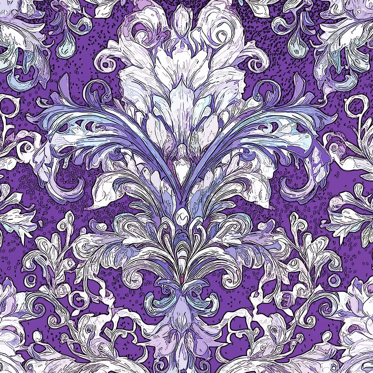 Purple and white damask pattern with ornate floral and scroll motifs, shown as a repeating decorative design.