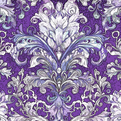 Purple and white damask pattern with ornate floral and scroll motifs, shown as a repeating decorative design.