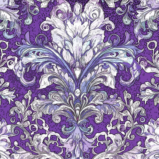 Purple and white damask pattern with ornate floral and scroll motifs, shown as a repeating decorative design.