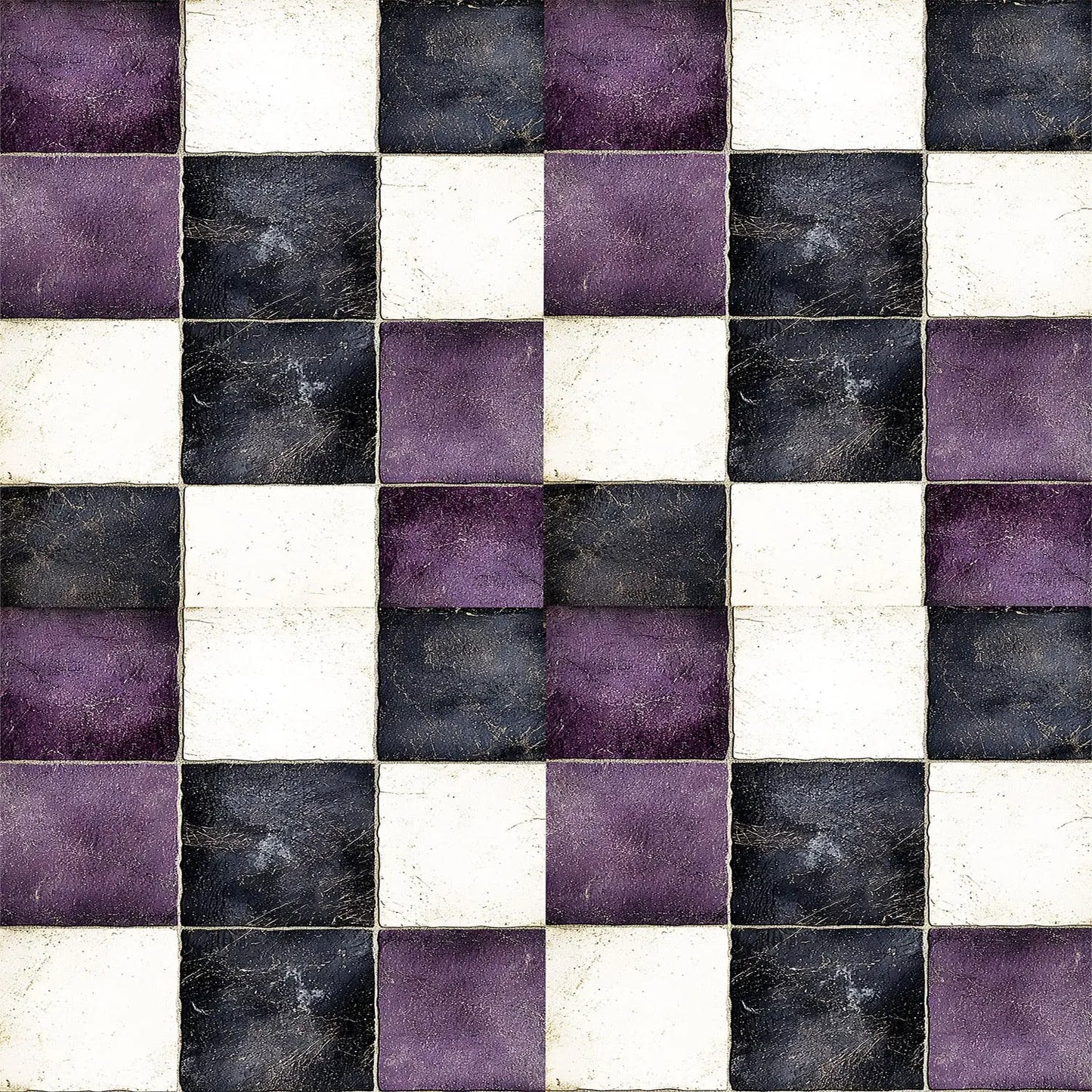 A repeating checkerboard pattern of square tiles in white, dark charcoal gray, and muted purple, with a distressed, textured finish.