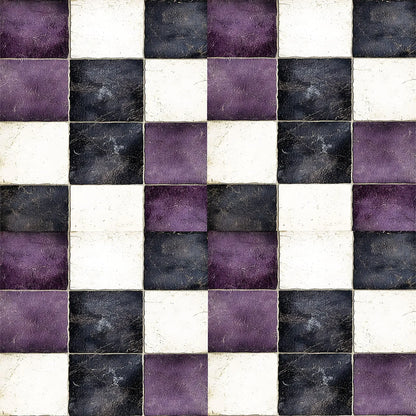 A repeating checkerboard pattern of square tiles in white, dark charcoal gray, and muted purple, with a distressed, textured finish.