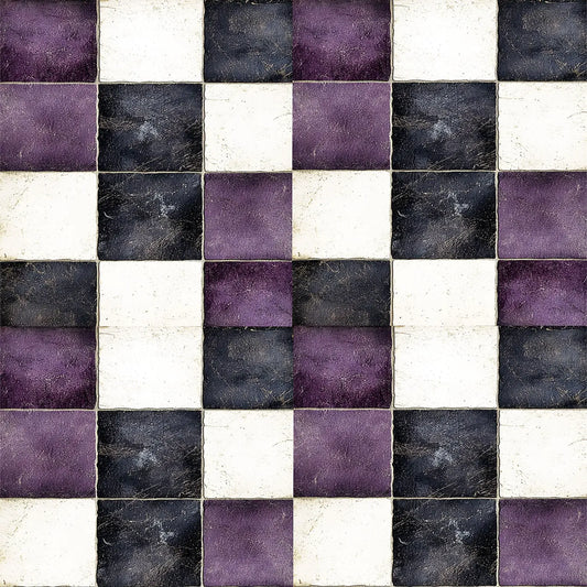 A repeating checkerboard pattern of square tiles in white, dark charcoal gray, and muted purple, with a distressed, textured finish.