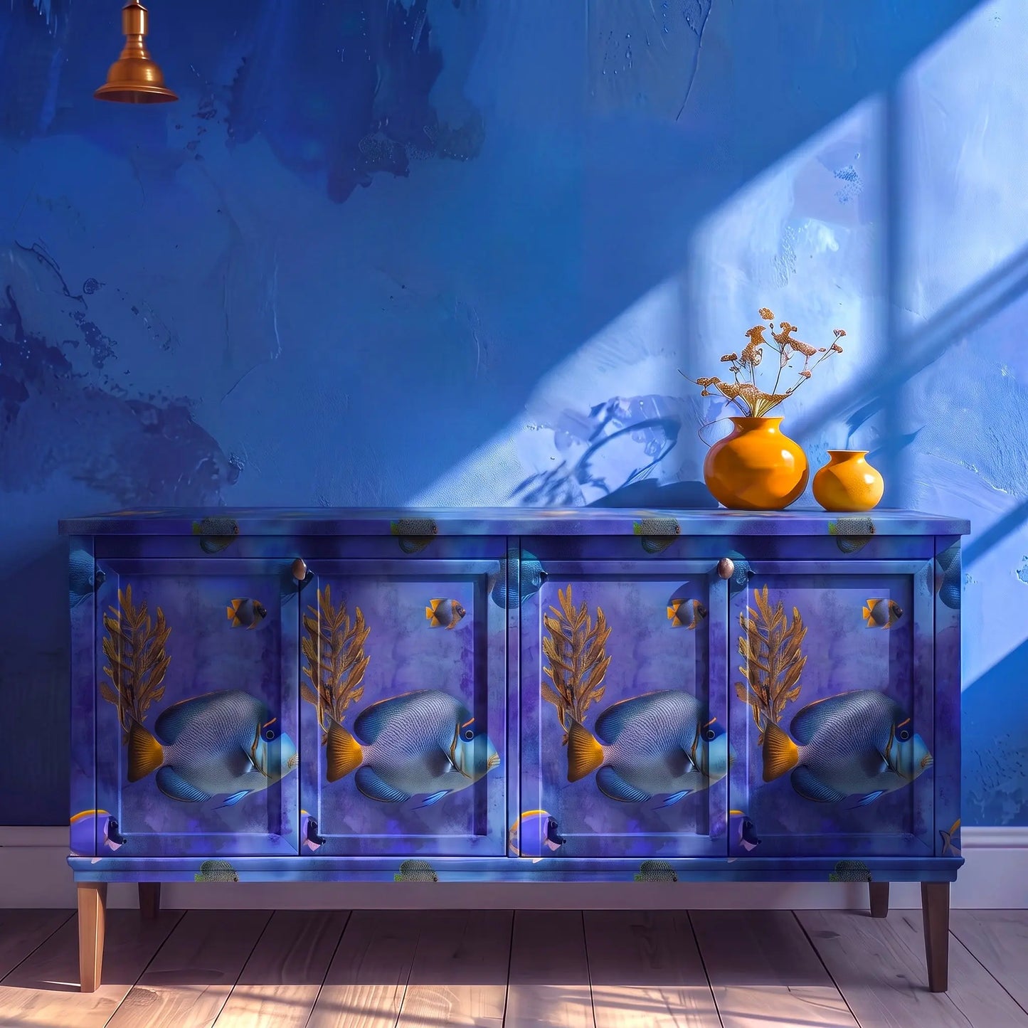 A decorative blue wooden sideboard or credenza with painted tropical fish and palm tree motifs, placed against a textured blue wall in a styled interior. Two orange vases sit on top, and sunlight casts shadows across the wall and floor.