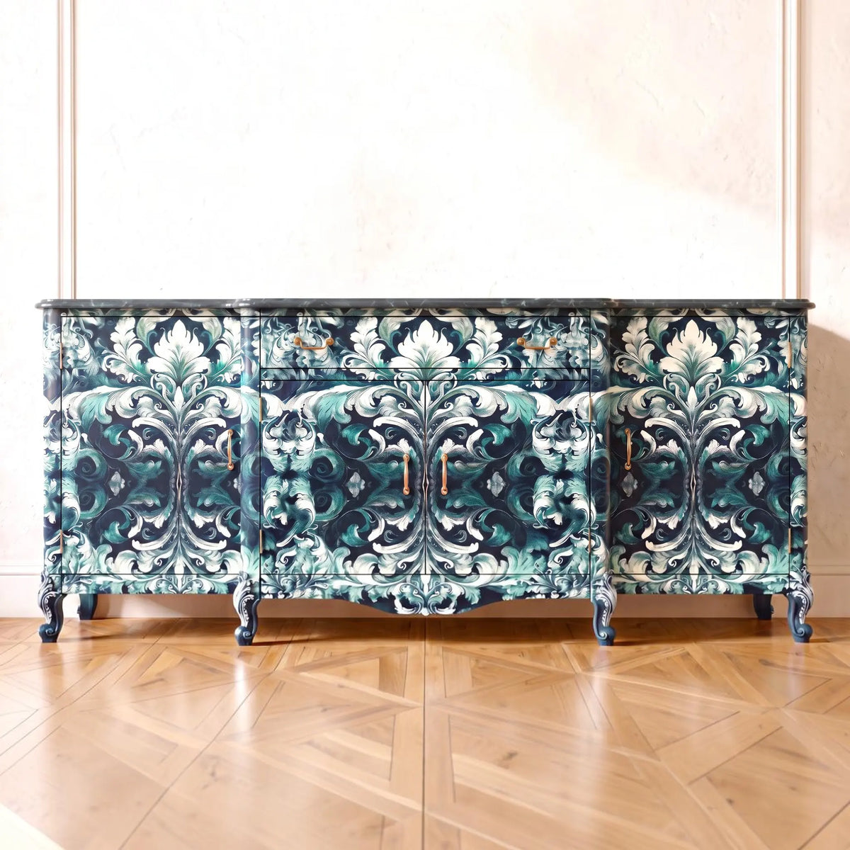 Large side board decorated with  Green Damask Decoupage Paper 