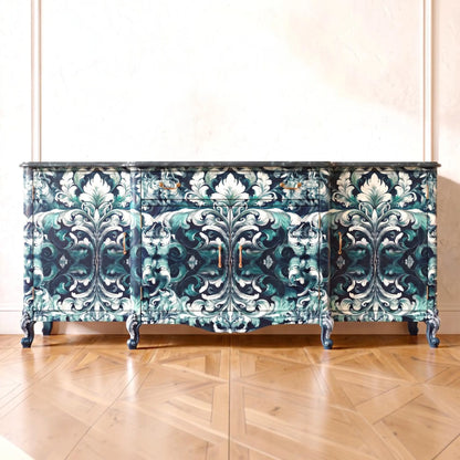 Large side board decorated with  Green Damask Decoupage Paper 