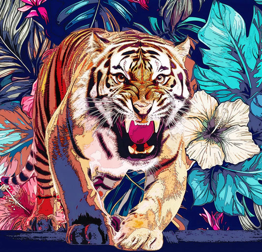 A stylized vector illustration of a roaring tiger surrounded by tropical leaves and flowers, rendered in bold colors on a dark background.