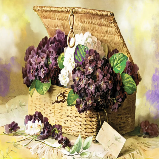 A painted still life of a woven wicker basket overflowing with purple and white flowers, green leaves, and a small hanging tag, set against a soft yellow and lavender background.