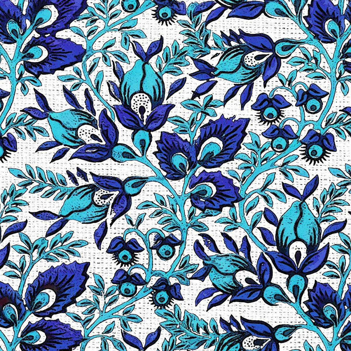 A repeating floral pattern featuring stylized blue and turquoise flowers, leaves, and bird-like motifs on a white background with a subtle dotted texture.