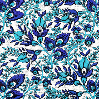 A repeating floral pattern featuring stylized blue and turquoise flowers, leaves, and bird-like motifs on a white background with a subtle dotted texture.