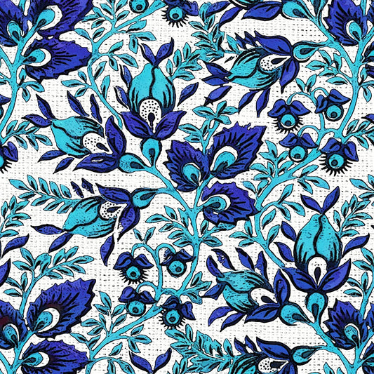 A repeating floral pattern featuring stylized blue and turquoise flowers, leaves, and bird-like motifs on a white background with a subtle dotted texture.