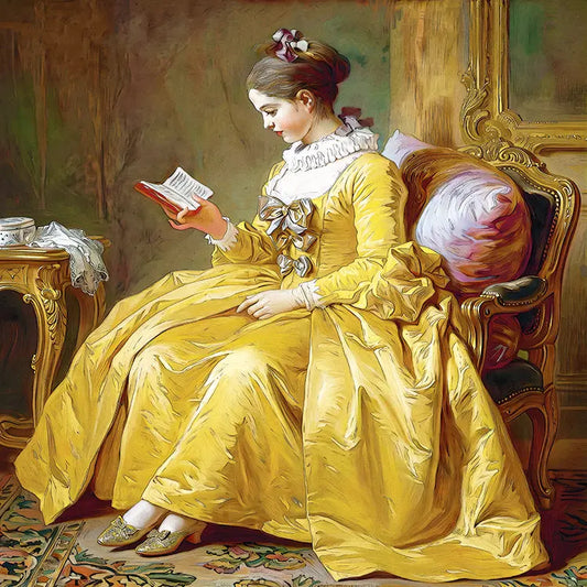 A classical painting of a woman in an ornate yellow gown seated in a carved chair and reading a book, with warm brown and gold interior tones and a pink cushion behind her.