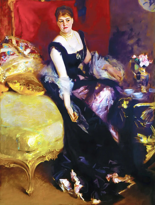 A classical oil painting portrait of a woman seated on a gold chaise lounge, wearing a black dress with purple and white accents, set against a dark red and purple background with a floral arrangement on a table.