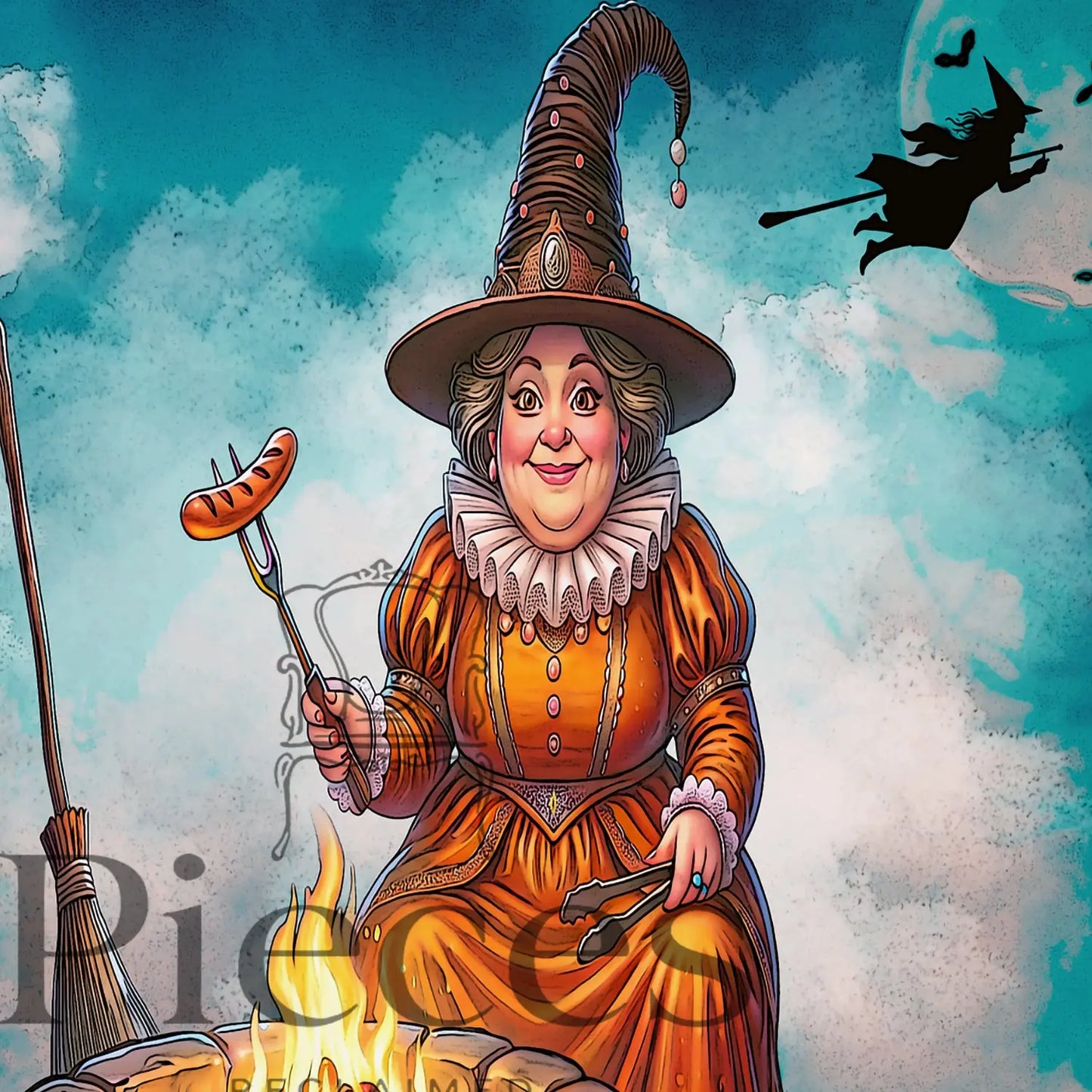 Decoupage paper with an image of a witch grilling hot dogs
