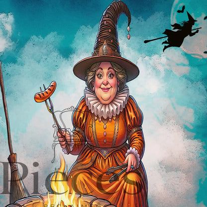 Decoupage paper with an image of a witch grilling hot dogs