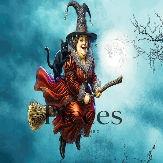 Rice paper print showing a stylized illustration of a witch riding a broomstick against a teal-blue moonlit sky. The witch wears a tall pointed hat, a red dress, and has a black cat on her shoulder.
